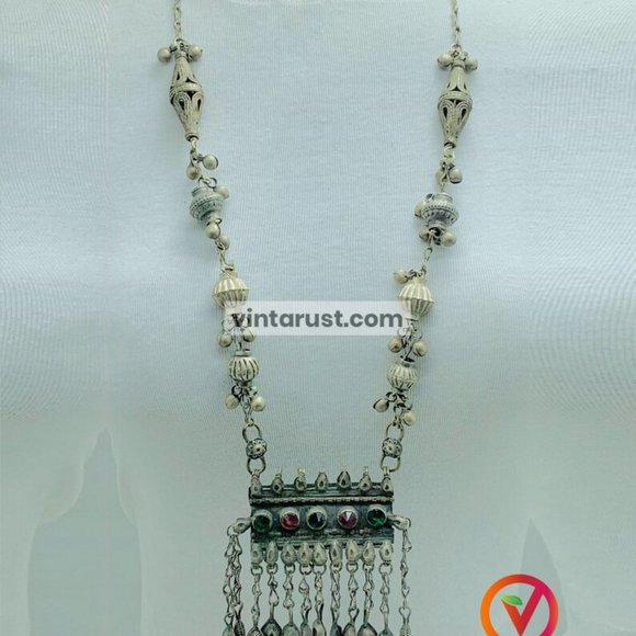 Vintage Long Chain Tribal Pendant Necklace, Gypsy Nomadic Ethnic Necklace - Picture 4 of 11